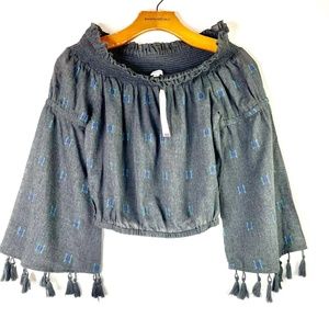Earthbound Trading Co. Embroidered Cropped Top with Bell Sleeves Tassels Size S